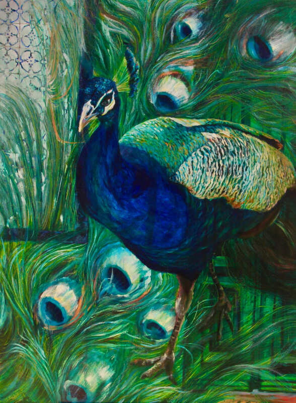 The Peacock and the Green Door original oil painting by Cory Acorn