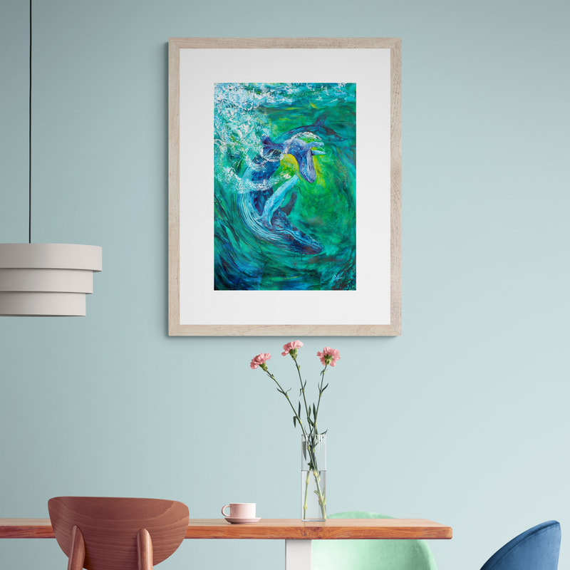 Mother and baby whale splashing in the ocean original oil painting by Cory Acorn