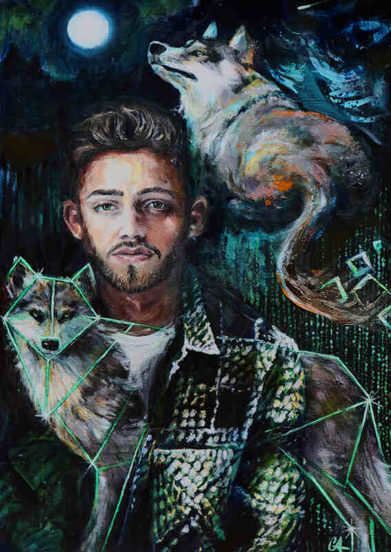 Original Oil Painting by Cory Acorn with wolves, a man and a full moon.